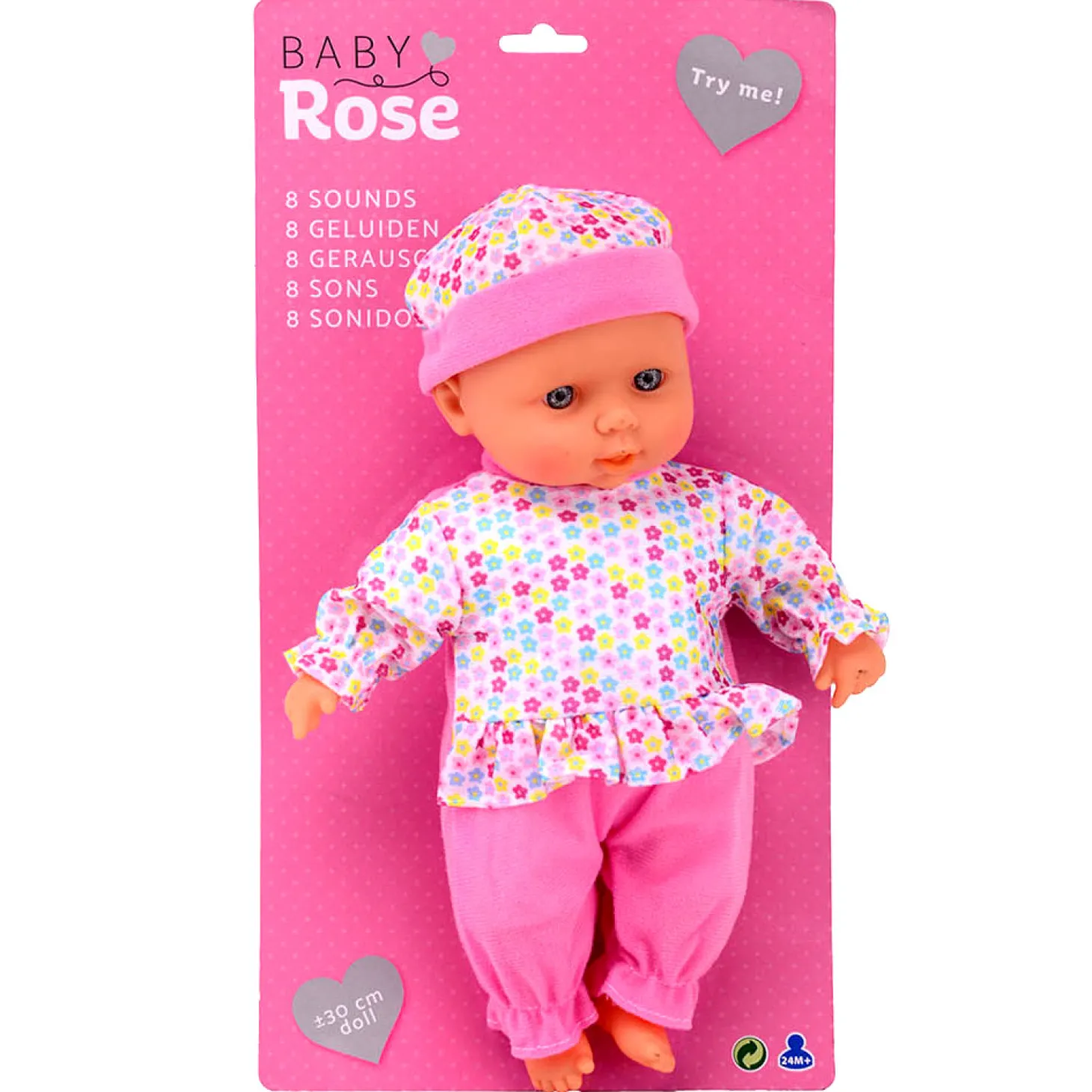 Baby Rose Babypop met Geluiden, 30cm.