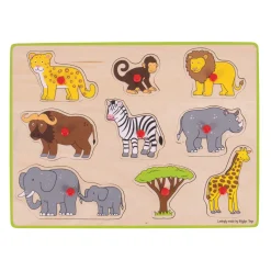 Bigjigs Houten Noppenpuzzel Safari, 9dlg.