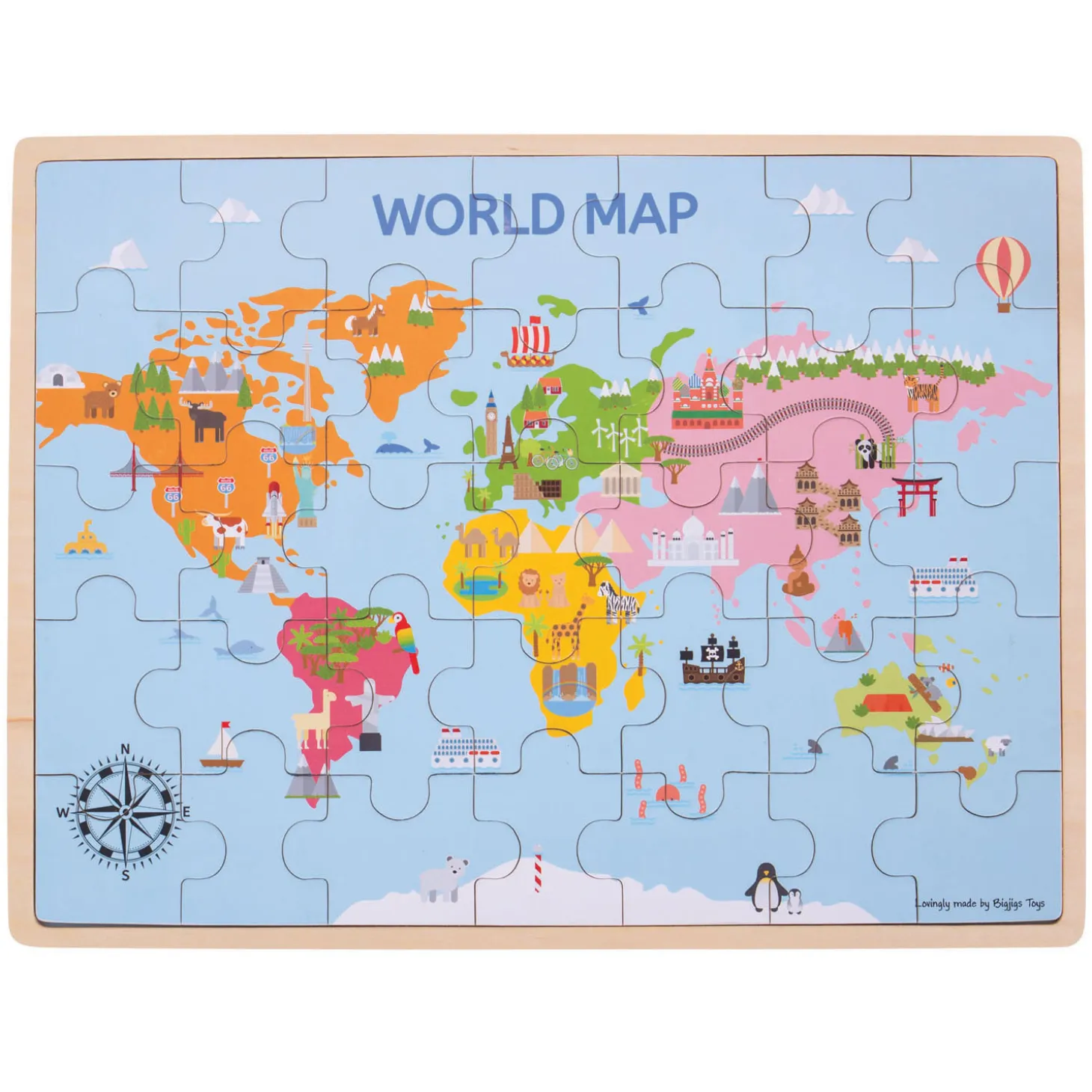 Bigjigs Houten Wereldkaart Puzzel, 35dlg.