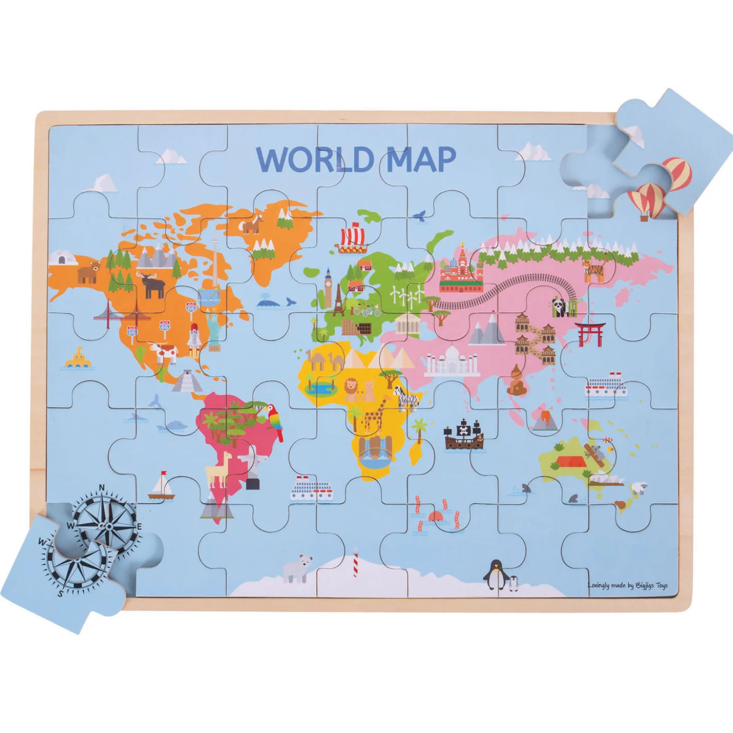 Bigjigs Houten Wereldkaart Puzzel, 35dlg.
