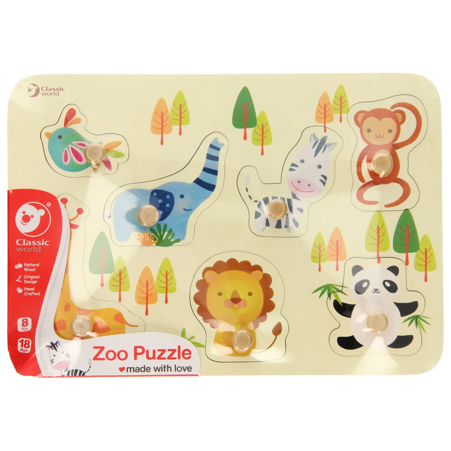 Classic World Houten Noppenpuzzel Wilde Dieren, 7st.