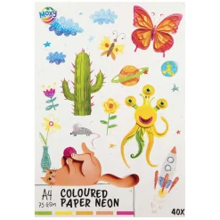 Gekleurd Papier fluor A4, 40 Vellen 5 Kleuren