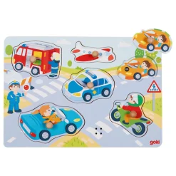 Goki Houten Noppenpuzzel Voertuigen met Geluid, 6st.
