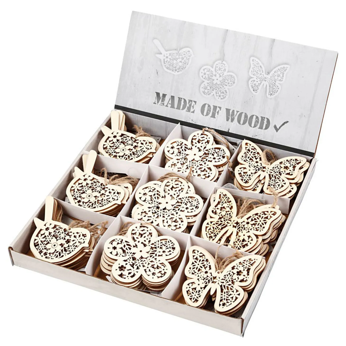 Houten Figuren Vlinder Bloem en Vogel, 90st.