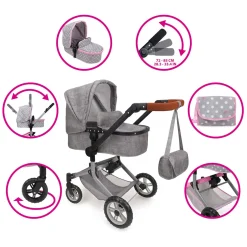2-in-1 Poppenwagen met Tas - Grijs