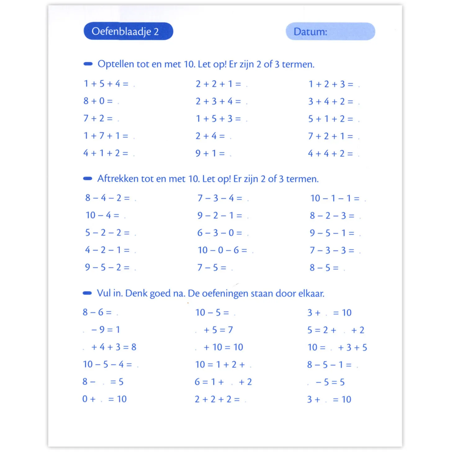 Oefenblaadjes Bewerkingen, Vraagstukken