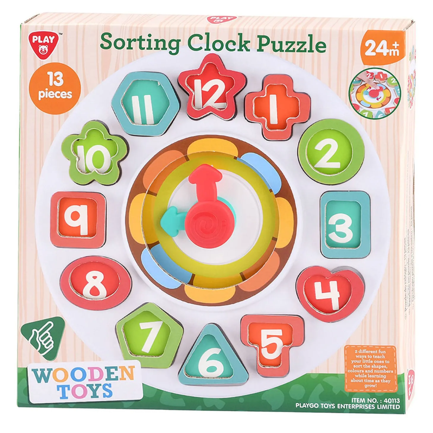 Playgo Houten Sorteer Vormen - en Leerklok  - 13dlg.