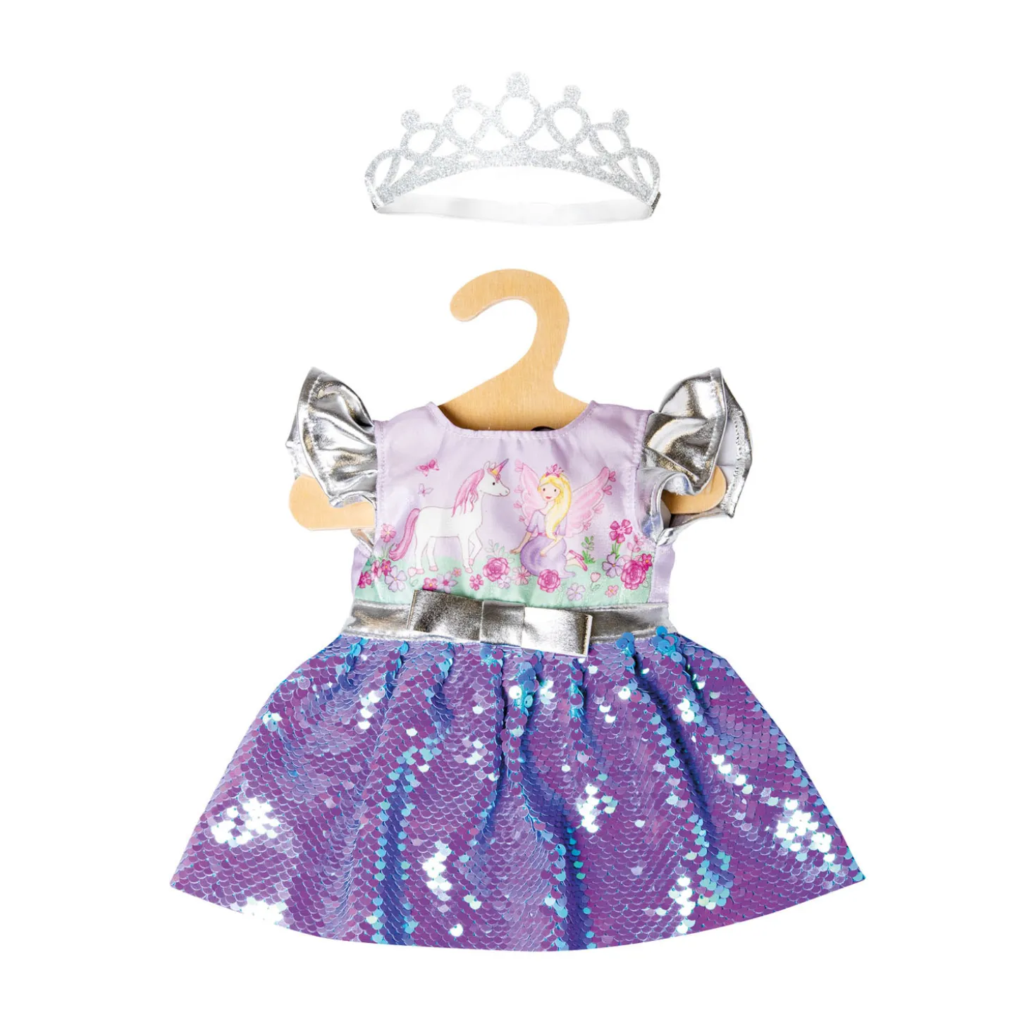 Poppenjurk Fee en Eenhoorn met Sequins en Kroon, 28-35 cm
