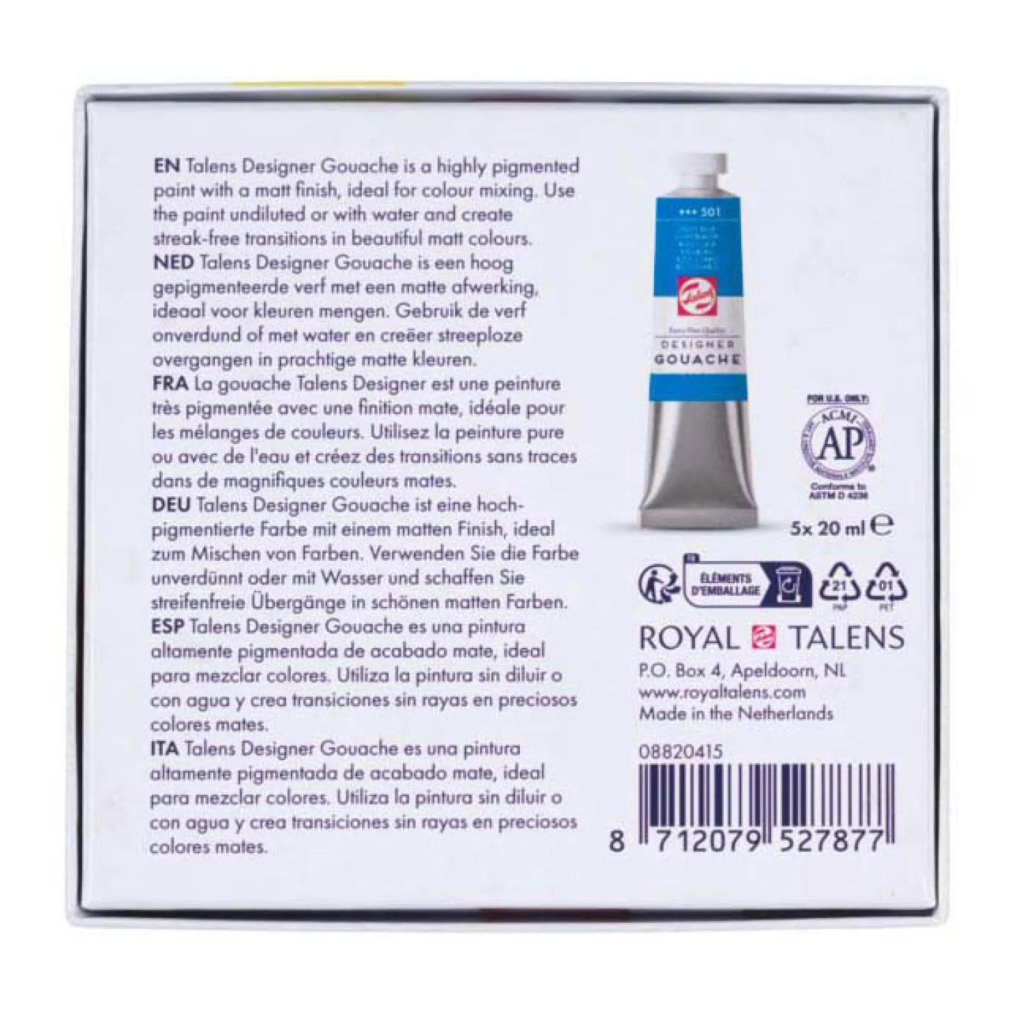 Talens Gouache Extra Fijn Mengset, 5x20ml Tubes