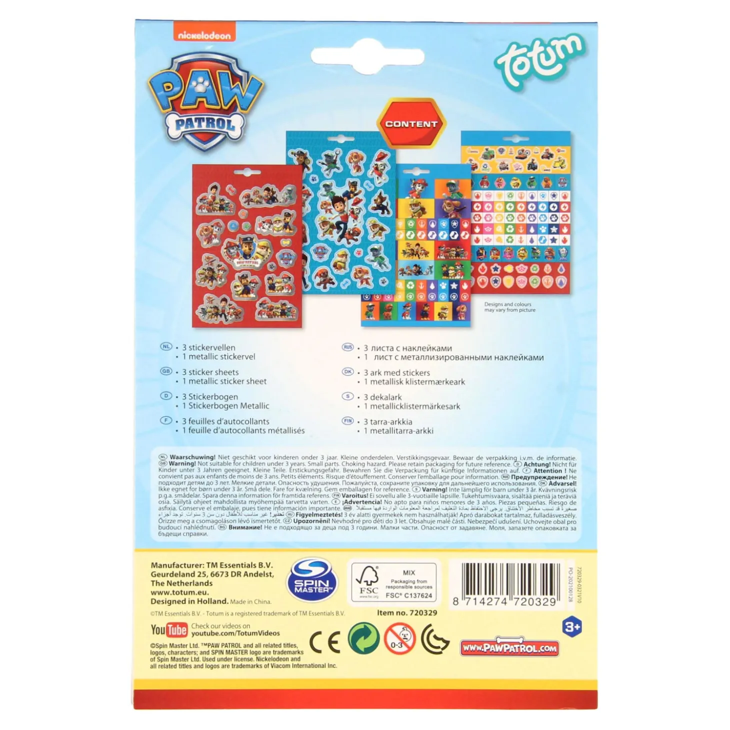 Totum PAW Patrol Stickervel, 4st.