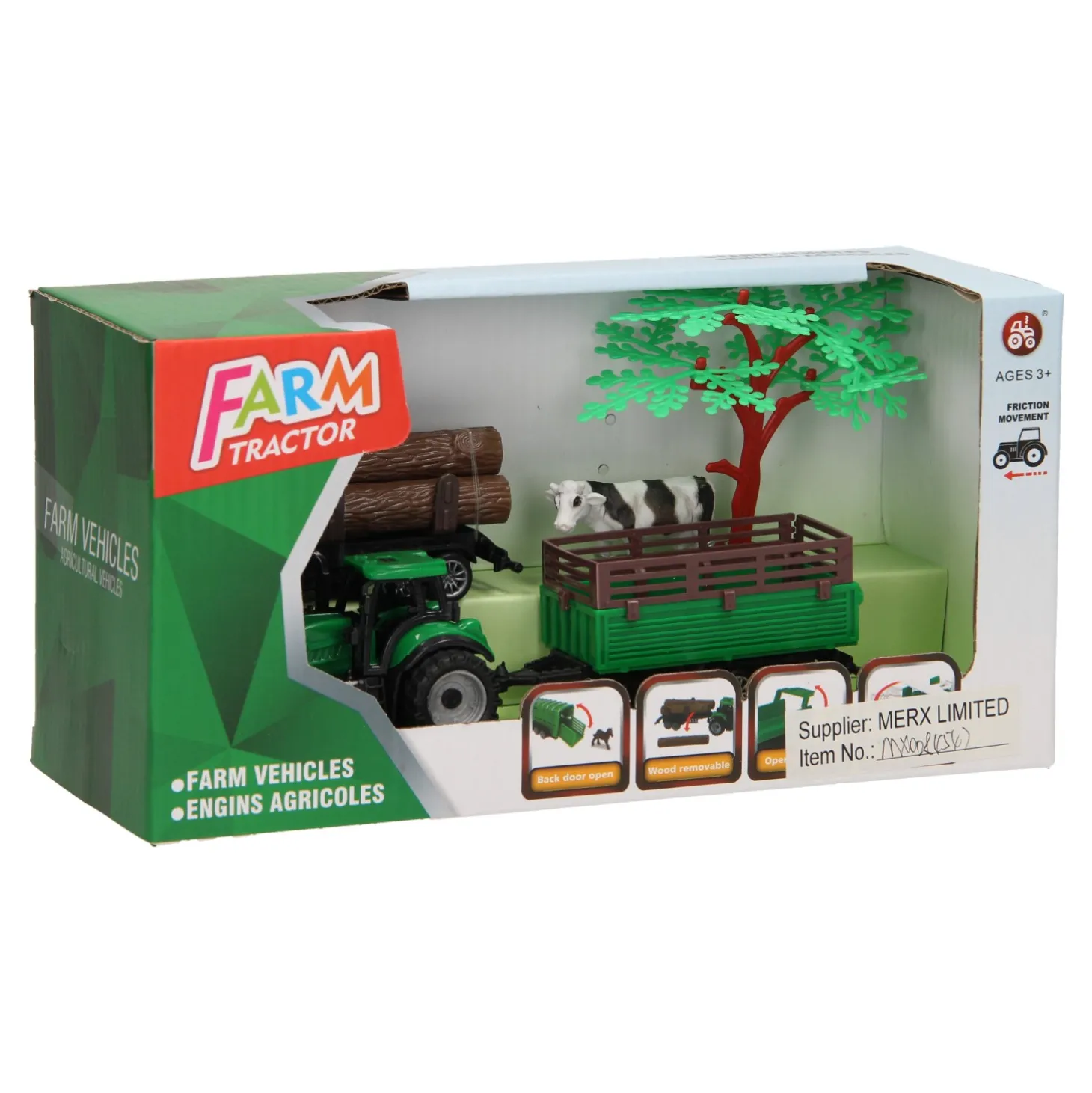 Tractor met Aanhangwagen, Boomstammen en Koe