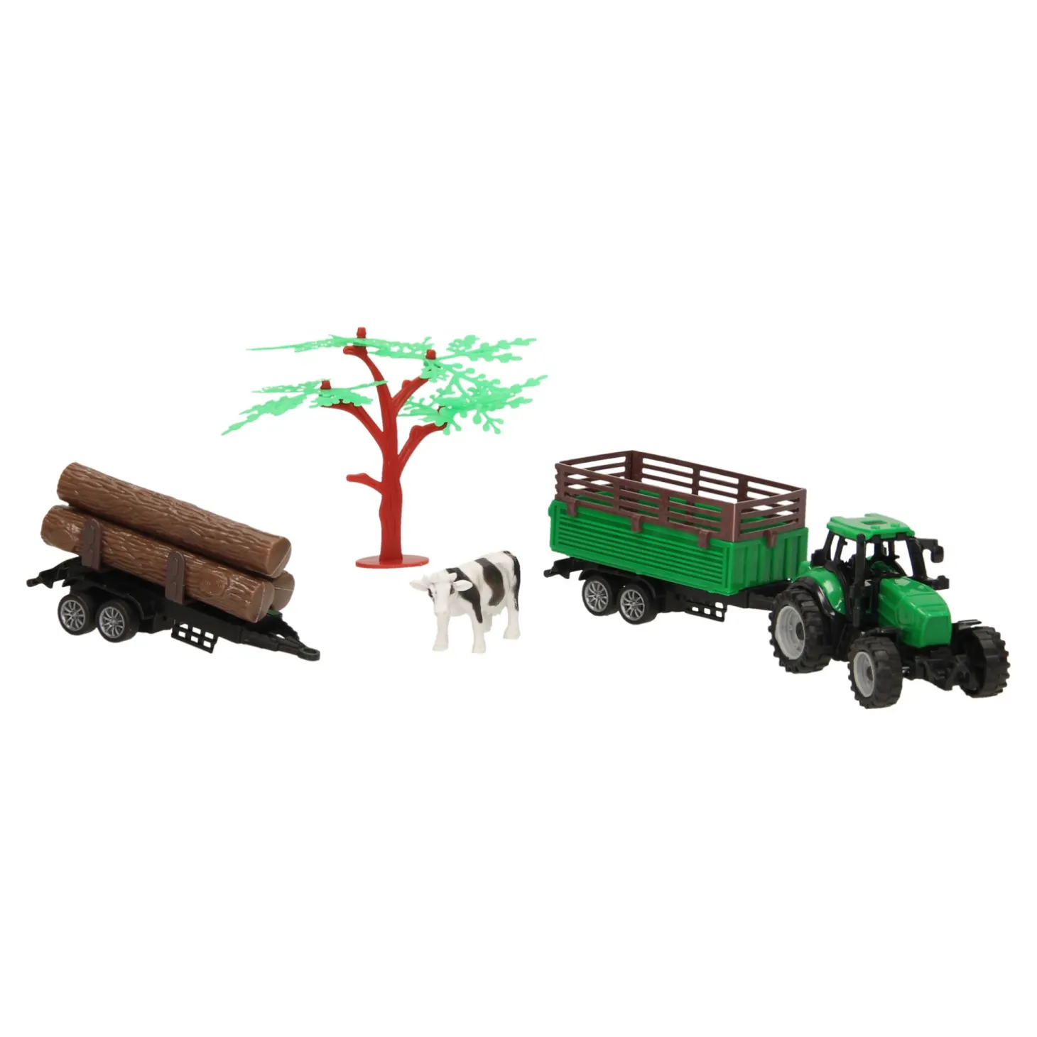 Tractor met Aanhangwagen, Boomstammen en Koe